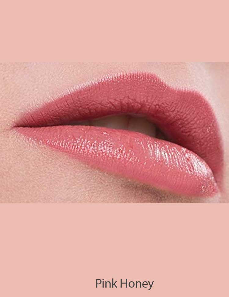 Close-up of lips wearing Benecos Natural Lipsticks 4.5g in a glossy pink shade, hydrating and enhancing your pout. The upper lip gently overlaps the lower, set against a matching pink background for a natural effect.