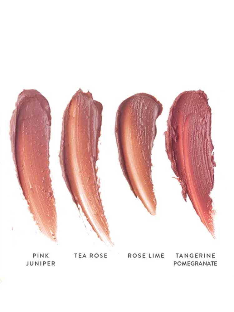 Four swatches of Luk Beautifood Lip Nourish Lipsticks 3g in Pink Juniper, Tea Rose, Rose Lime, and Tangerine Pomegranate are shown. Each creamy shade is enriched with nourishing Avocado Oil for vibrant, healthy-looking lips.