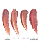 Four swatches of Luk Beautifood Lip Nourish Lipsticks 3g in Pink Juniper, Tea Rose, Rose Lime, and Tangerine Pomegranate are shown. Each creamy shade is enriched with nourishing Avocado Oil for vibrant, healthy-looking lips.