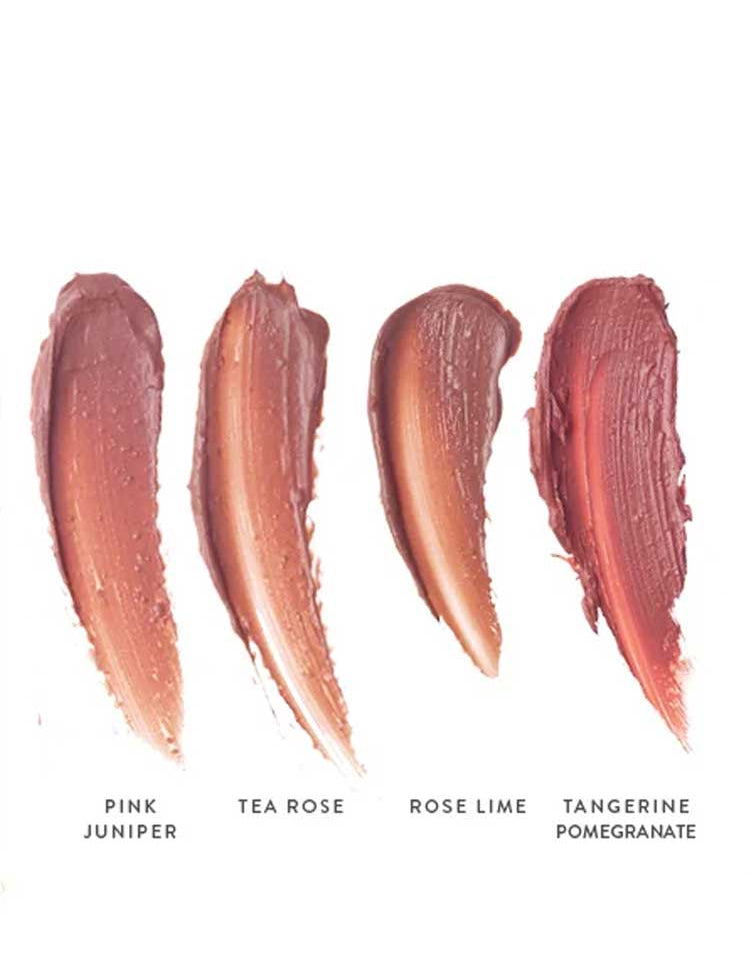 Four swatches of Luk Beautifood Lip Nourish Lipsticks 3g in Pink Juniper, Tea Rose, Rose Lime, and Tangerine Pomegranate are shown. Each creamy shade is enriched with nourishing Avocado Oil for vibrant, healthy-looking lips.