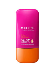 Weleda Pore Refining Serum Drops in a flat bright pink bottle with rounded corners, an orange base cap and a small peach-coloured droplet symbol.