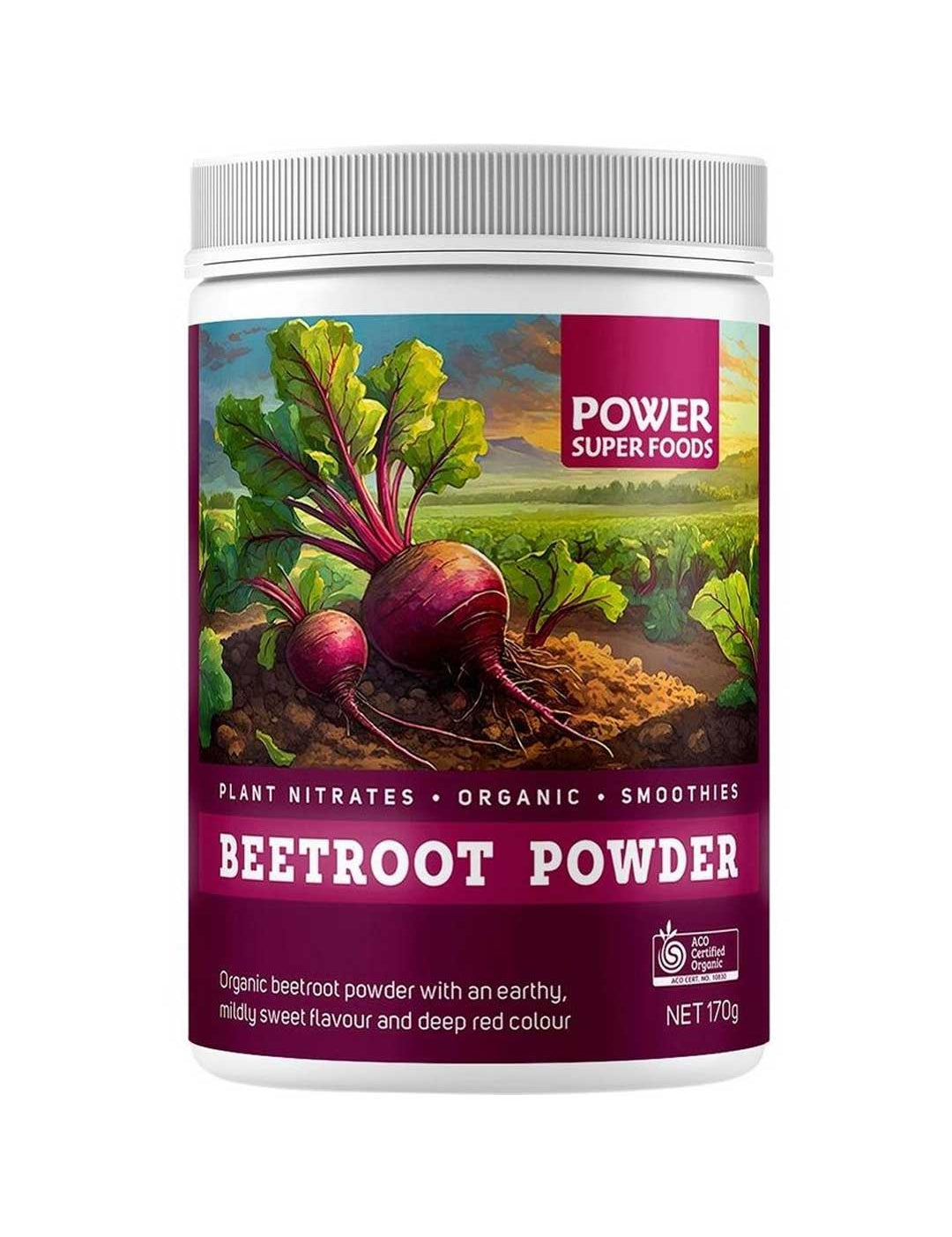 Power Super Foods Certified Organic Beetroot Powder 170g comes in a container with beetroot illustrations. Rich in plant nitrates, this powder brings earthy flavor and a deep red color to smoothies or serves as a great pre-workout drink.