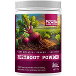 Power Super Foods Certified Organic Beetroot Powder 170g comes in a container with beetroot illustrations. Rich in plant nitrates, this powder brings earthy flavor and a deep red color to smoothies or serves as a great pre-workout drink.