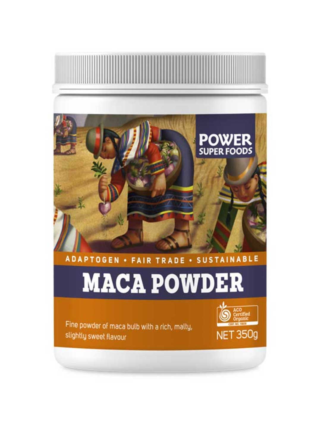 A white jar labeled Power Super Foods Certified Organic Maca Powder shows people harvesting maca roots. The label highlights its Peruvian adaptogen status, Fair Trade certification, and sustainability. Net weight: 350g.