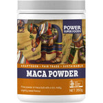 A white jar labeled Power Super Foods Certified Organic Maca Powder shows people harvesting maca roots. The label highlights its Peruvian adaptogen status, Fair Trade certification, and sustainability. Net weight: 350g.