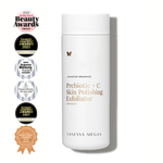 Vanessa Megan Prebiotic and C Exfoliating Powder with its award badges