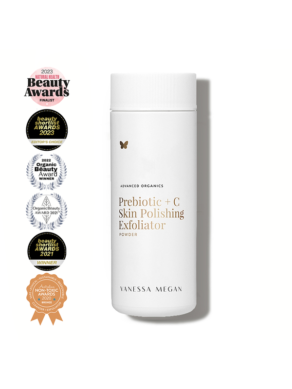 Vanessa Megan Prebiotic and C Exfoliating Powder with its award badges