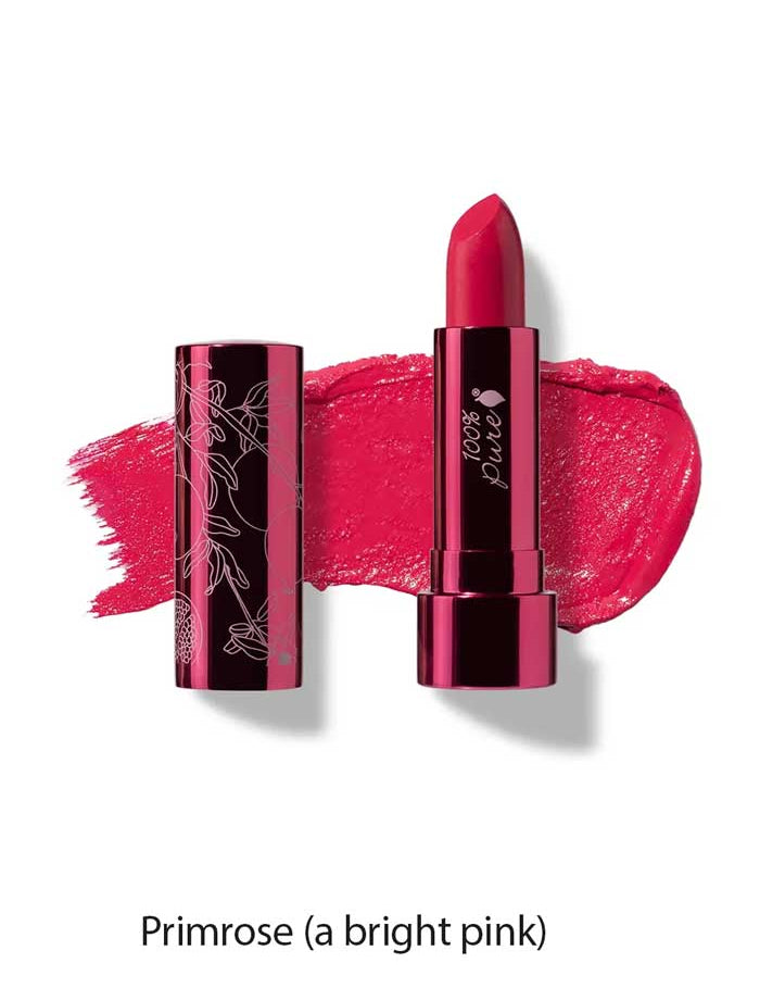 A bright pink, moisturising lipstick with a dark metallic case is shown upright beside its cap and a pink smear. Text below: Primrose (a bright pink) 100% Pure Pomegranate Oil Moisturising Lipstick 4.5g.