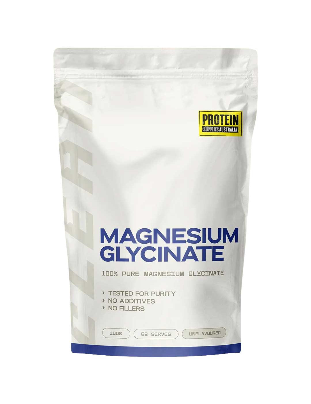 A white pouch labeled Protein Supplies Australia Magnesium Glycinate 100g, unflavoured, features “100% Pure Magnesium Glycinate,” “Tested for Purity,” “No Additives,” “No Fillers,” 82 serves per pack.