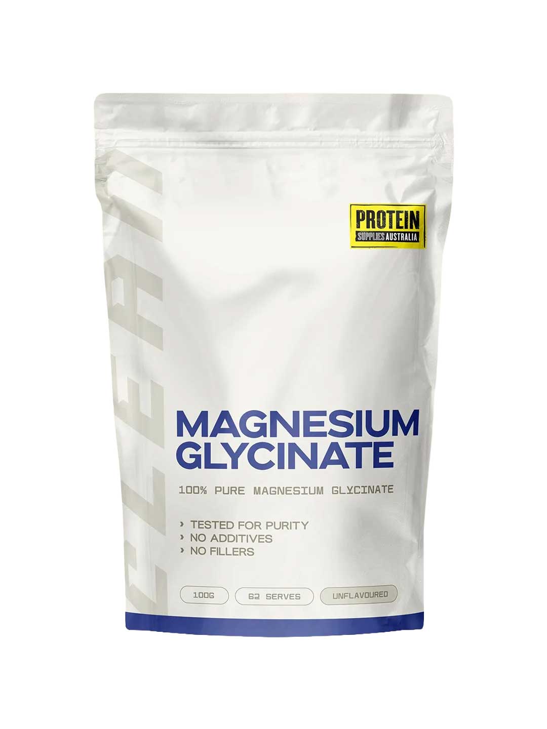 A white pouch labeled Protein Supplies Australia Magnesium Glycinate 100g, unflavoured, features “100% Pure Magnesium Glycinate,” “Tested for Purity,” “No Additives,” “No Fillers,” 82 serves per pack.