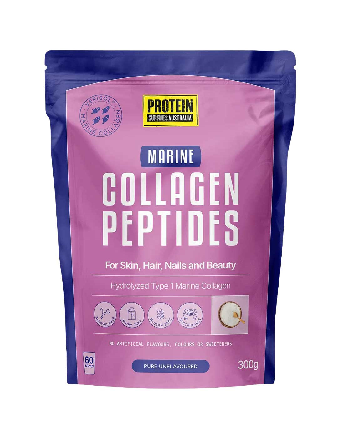 A 300g stand-up pouch of Protein Supply Australia Marine Collagen Peptides, featuring a pink and purple design with white text.