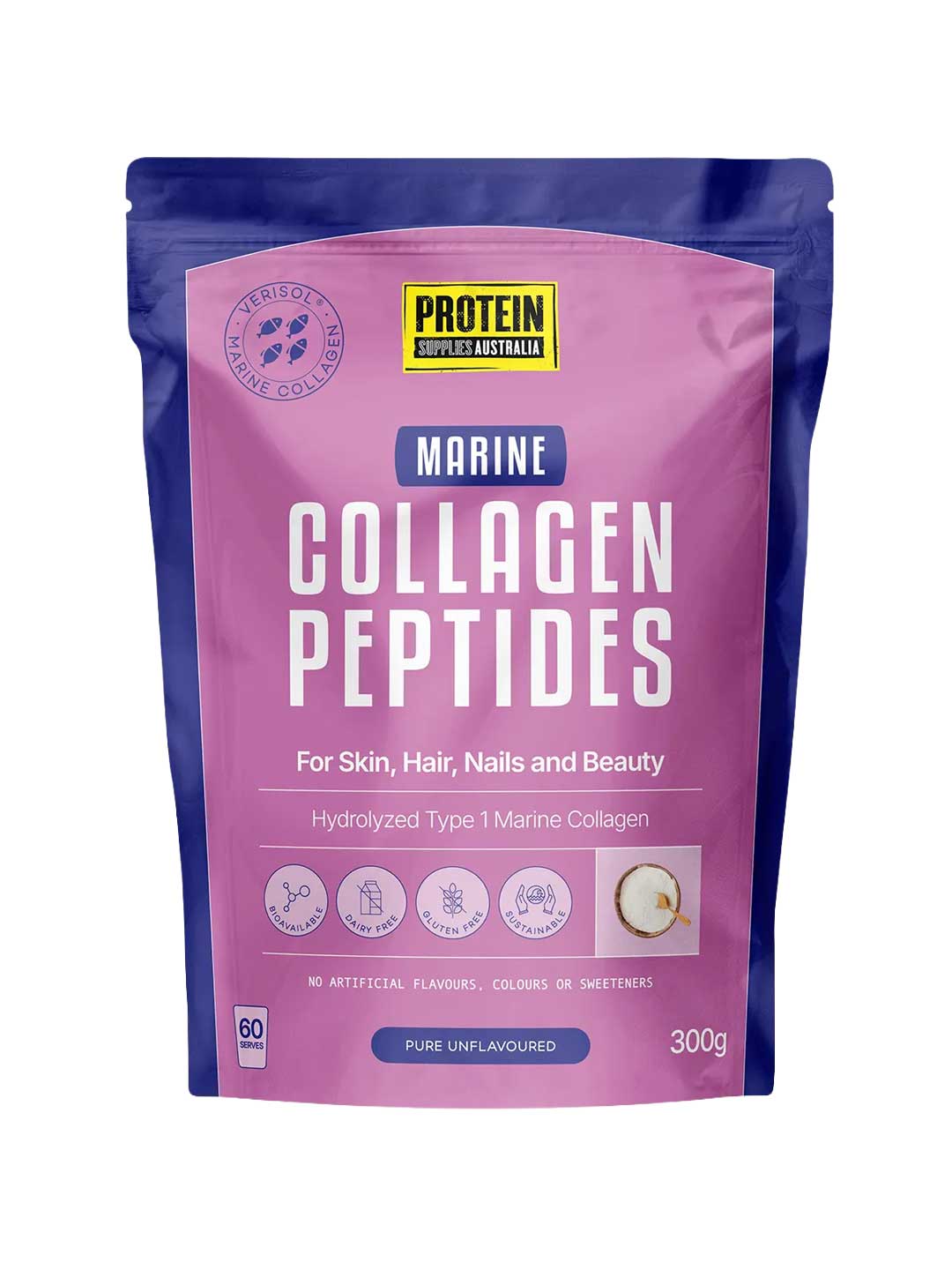 A 300g stand-up pouch of Protein Supply Australia Marine Collagen Peptides, featuring a pink and purple design with white text.