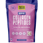 A 300g stand-up pouch of Protein Supply Australia Marine Collagen Peptides, featuring a pink and purple design with white text.