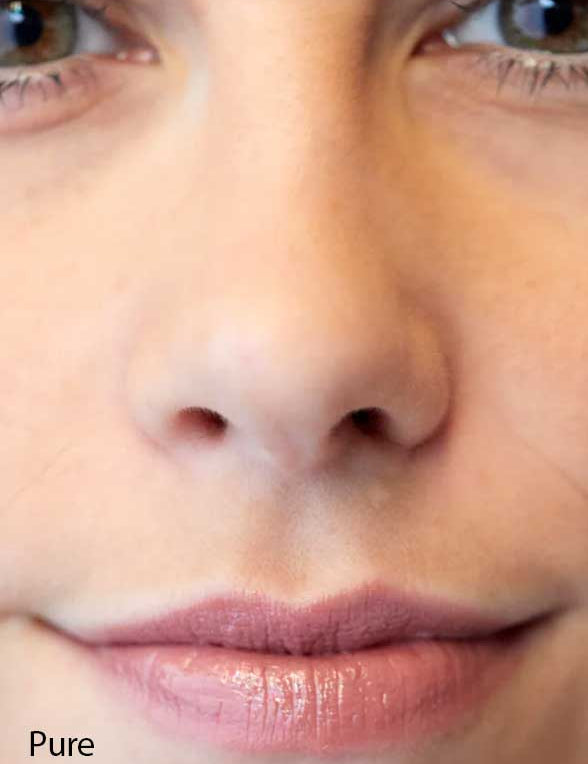 A close-up of a person’s lower face shows smooth skin and closed lips lightly glossed with Luk Beautifood Lip Nourish Lipsticks 3g, with the word "Pure" in the bottom left corner.