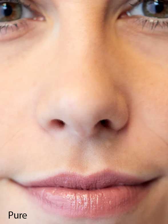 A close-up of a person’s lower face shows smooth skin and closed lips lightly glossed with Luk Beautifood Lip Nourish Lipsticks 3g, with the word "Pure" in the bottom left corner.