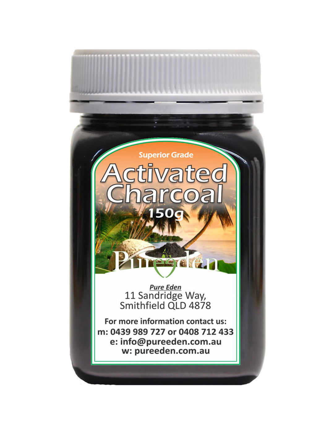 Pure Eden Activated Charcoal 150g jar on a white background