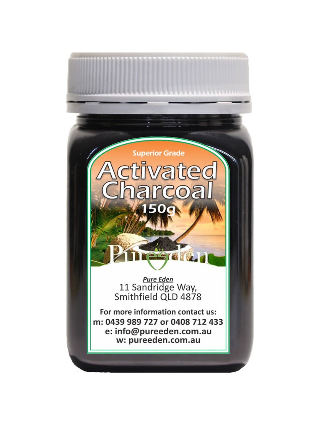 Pure Eden Activated Charcoal 150g jar on a white background