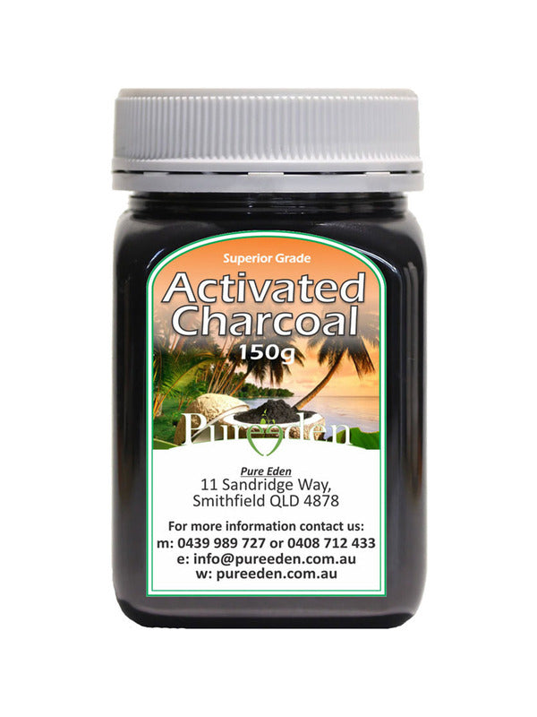 Squat black Pure Eden Activated Charcoal jar with a ribbed white screw lid and a green-bordered label showing palm trees beneath large white lettering.