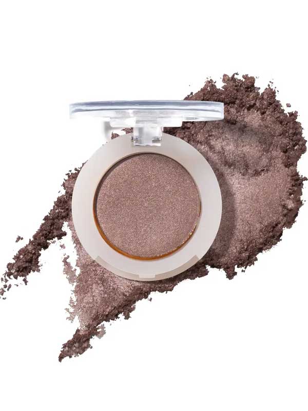An open compact of 100% Pure Fruit Pigmented® Eye Shadow 2g by 100% Pure reveals shimmery taupe pressed powder, with loose vegan pigment scattered below to showcase its color and texture.