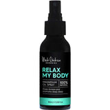The Black Chicken Remedies Relax My Body Magnesium Oil Spray 100ml is a 100% natural spray with lavender and chamomile, designed to ease tension and promote deep sleep. Shown in a black bottle against a white background.