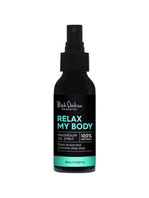The Black Chicken Remedies Relax My Body Magnesium Oil Spray 100ml is a 100% natural spray with lavender and chamomile, designed to ease tension and promote deep sleep. Shown in a black bottle against a white background.