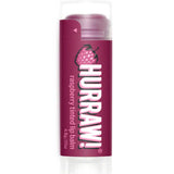 A 4.8g tube of Hurraw! Organic Lip Balm - Raspberry with a purple label, raspberry graphic, and white text. This vegan balm is partially raised above the tube.