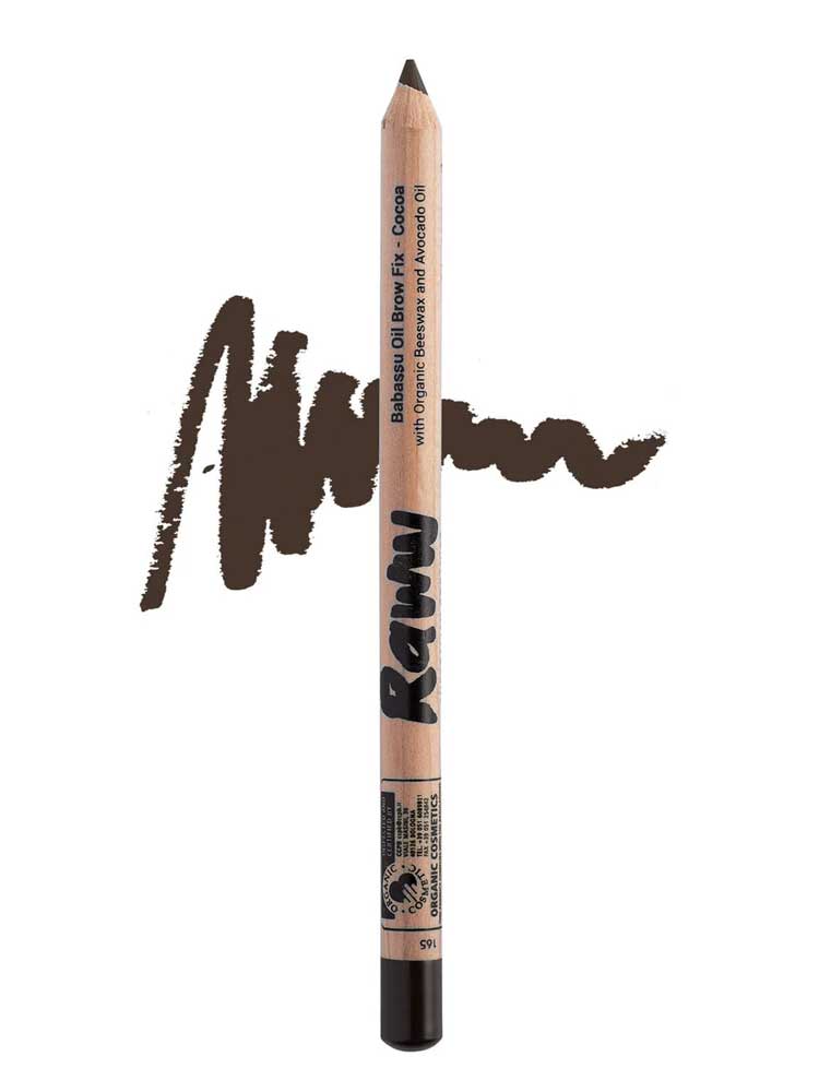 The Raww Babassu Oil Brow Fix 1.1g in Cocoa is shown with a squiggly brown line behind it, highlighting its rich shade and nourishing Babassu Oil formula for natural, fuller-looking brows.