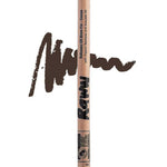 The Raww Babassu Oil Brow Fix 1.1g in Cocoa is shown with a squiggly brown line behind it, highlighting its rich shade and nourishing Babassu Oil formula for natural, fuller-looking brows.