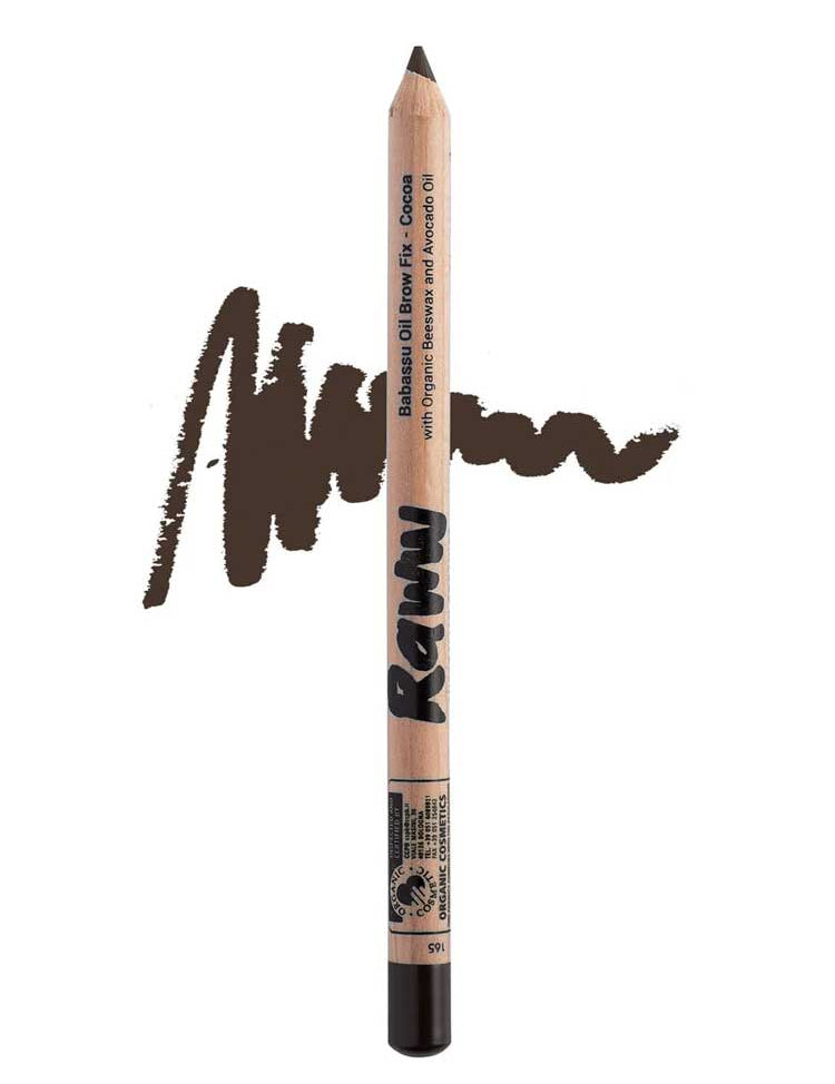 The Raww Babassu Oil Brow Fix 1.1g in Cocoa is shown with a squiggly brown line behind it, highlighting its rich shade and nourishing Babassu Oil formula for natural, fuller-looking brows.