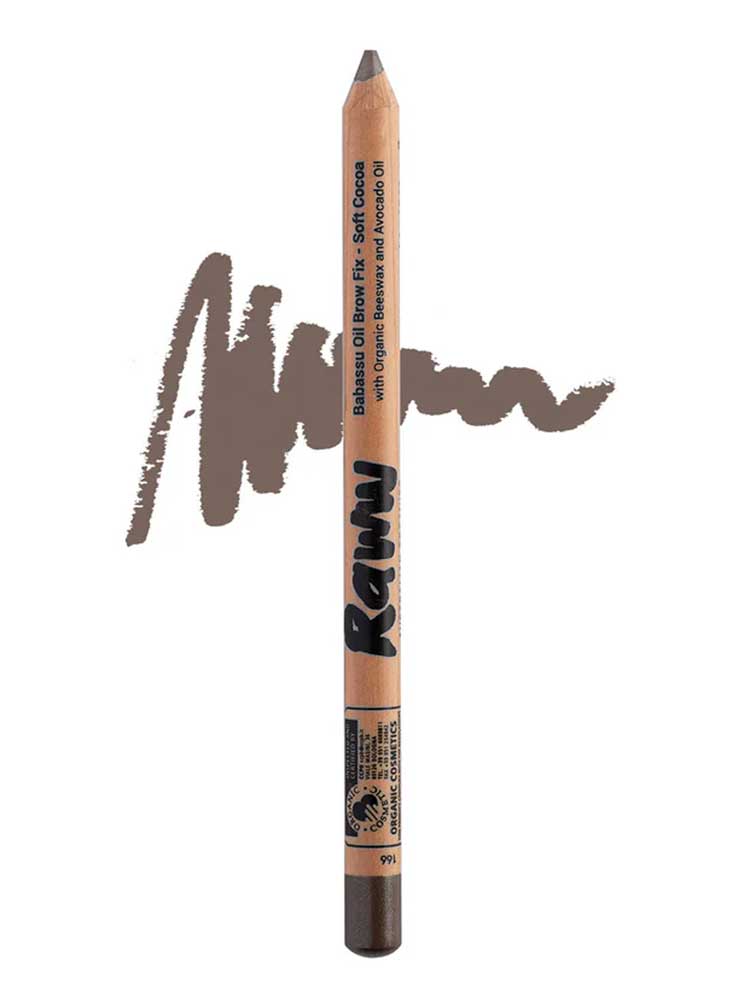 The Raww Babassu Oil Brow Fix 1.1g is shown vertically with a brown swatch behind it, highlighting the soft cocoa shade and texture for fuller-looking brows.