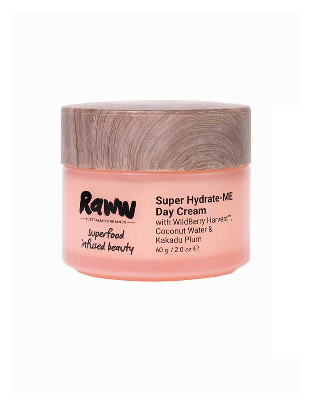 A 60g pink jar of Raww Hydrating Day Cream with a wood-patterned lid. Infused with WildBerry Harvest, coconut water, and Kakadu Plum, it's ideal for blemish-prone skin.