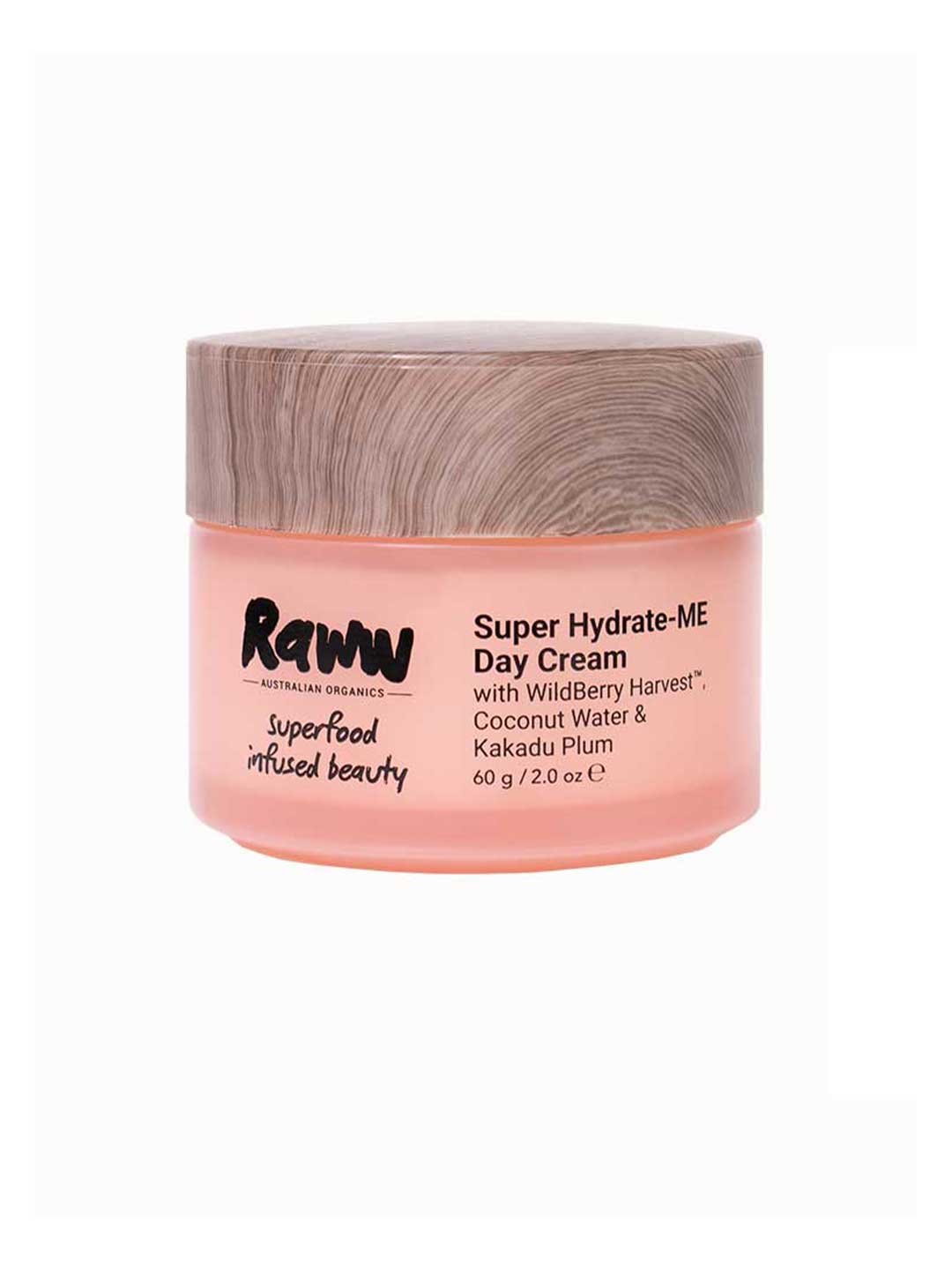 A 60g pink jar of Raww Hydrating Day Cream with a wood-patterned lid. Infused with WildBerry Harvest, coconut water, and Kakadu Plum, it's ideal for blemish-prone skin.