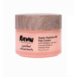 A 60g pink jar of Raww Hydrating Day Cream with a wood-patterned lid. Infused with WildBerry Harvest, coconut water, and Kakadu Plum, it's ideal for blemish-prone skin.