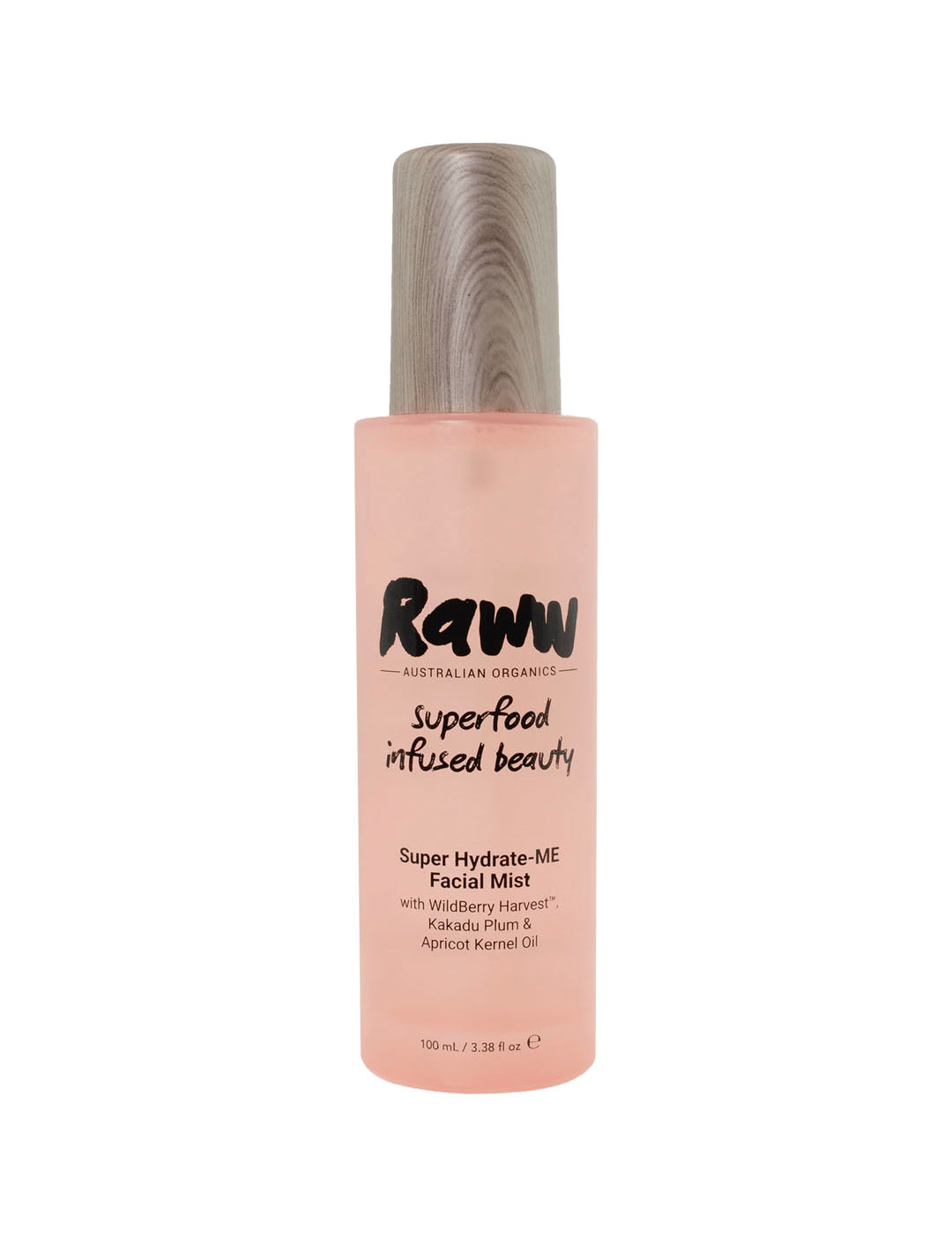 A pink bottle of Raww Hydrating Face Mist 100ml with a wooden-textured cap, featuring text about superfood-infused beauty and key ingredients for dewy skin.