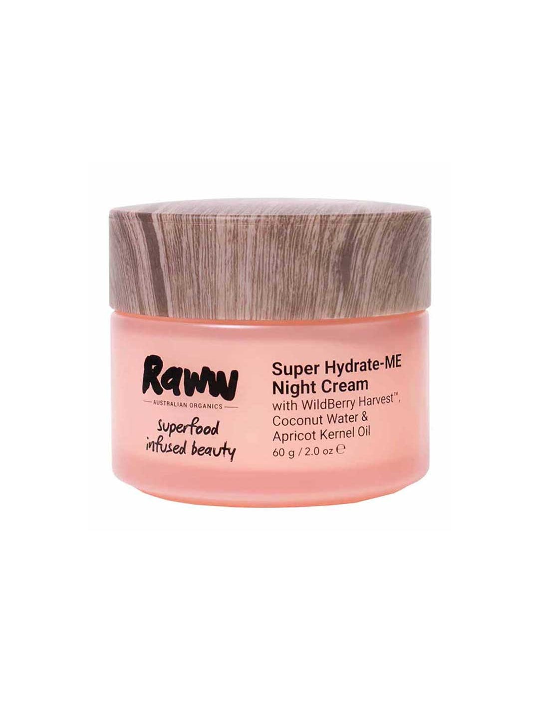 Raww Hydrating Night Cream 60g comes in a pink jar with a wood-patterned lid and restores moisture overnight with wild berry, coconut water, and apricot kernel oil.