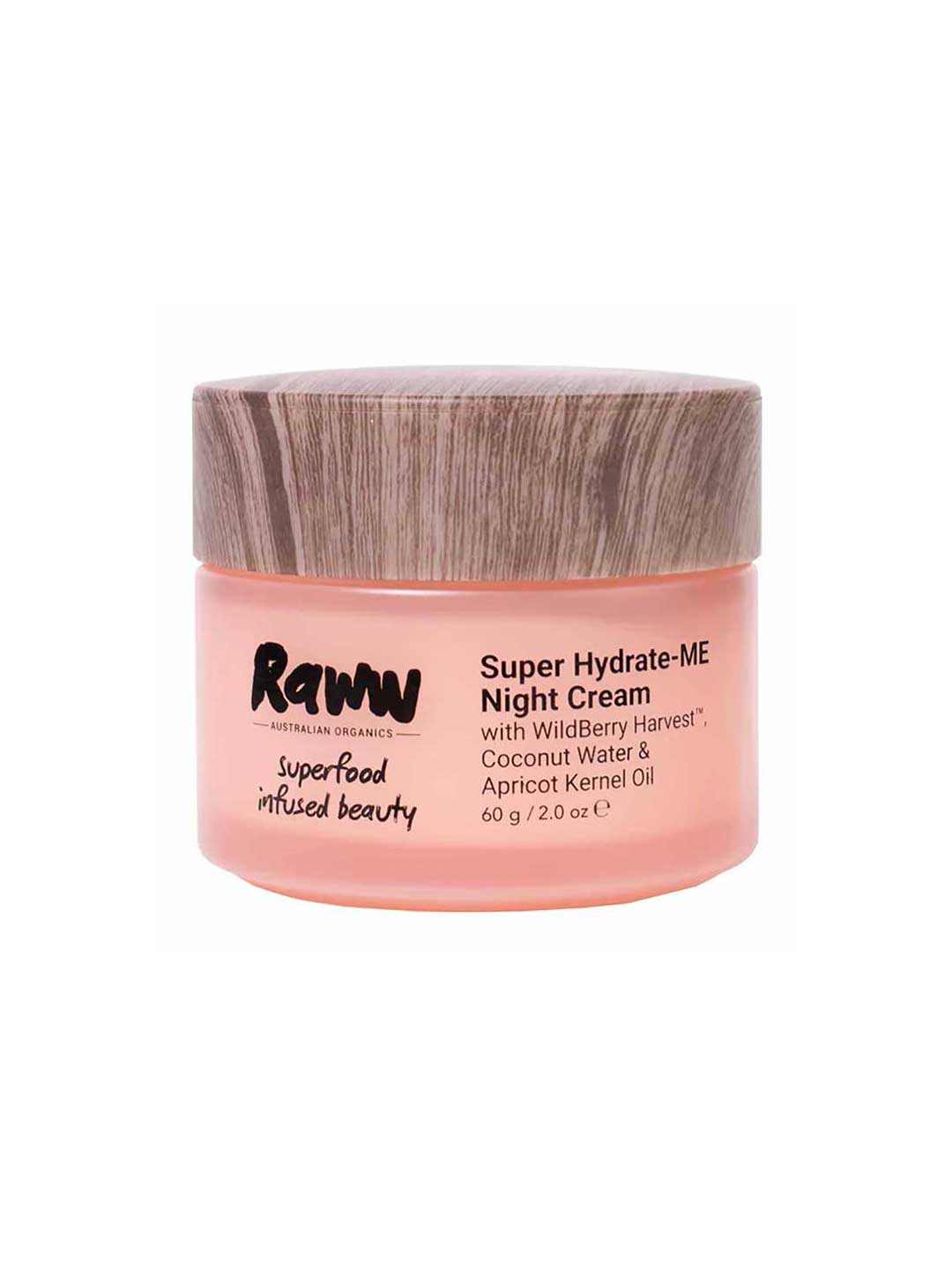 Raww Hydrating Night Cream 60g comes in a pink jar with a wood-patterned lid and restores moisture overnight with wild berry, coconut water, and apricot kernel oil.