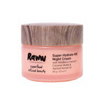 Raww Hydrating Night Cream 60g comes in a pink jar with a wood-patterned lid and restores moisture overnight with wild berry, coconut water, and apricot kernel oil.