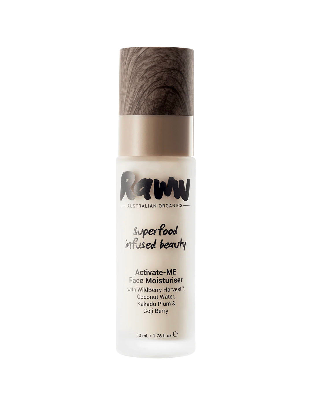 A 50ml bottle of Raww Nourishing Moisturiser with a wood-textured cap, enriched with coconut water and vitamin C Kakadu Plum for hydrating and nourishing your face.