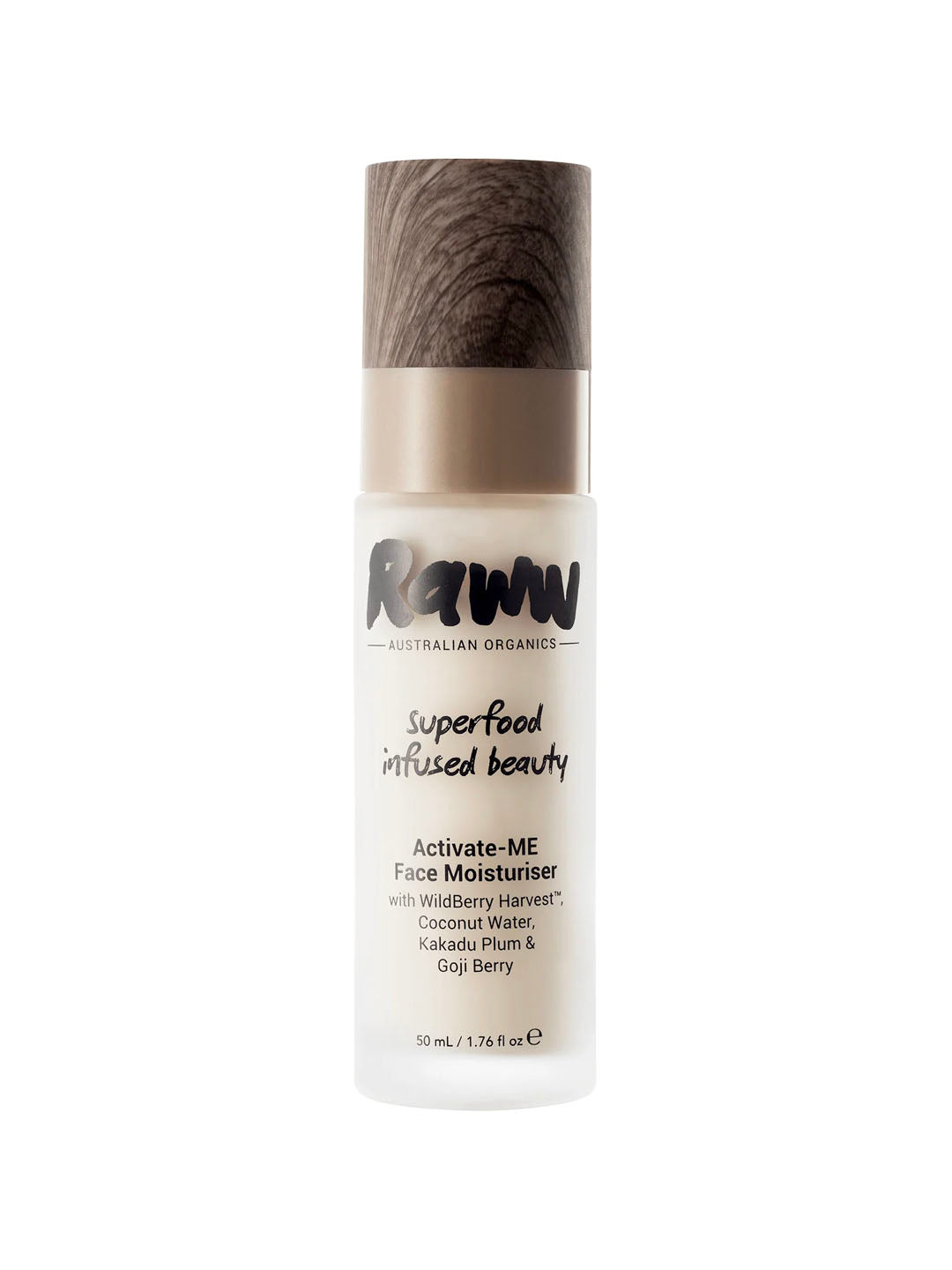 A 50ml bottle of Raww Nourishing Moisturiser with a wood-textured cap, enriched with coconut water and vitamin C Kakadu Plum for hydrating and nourishing your face.