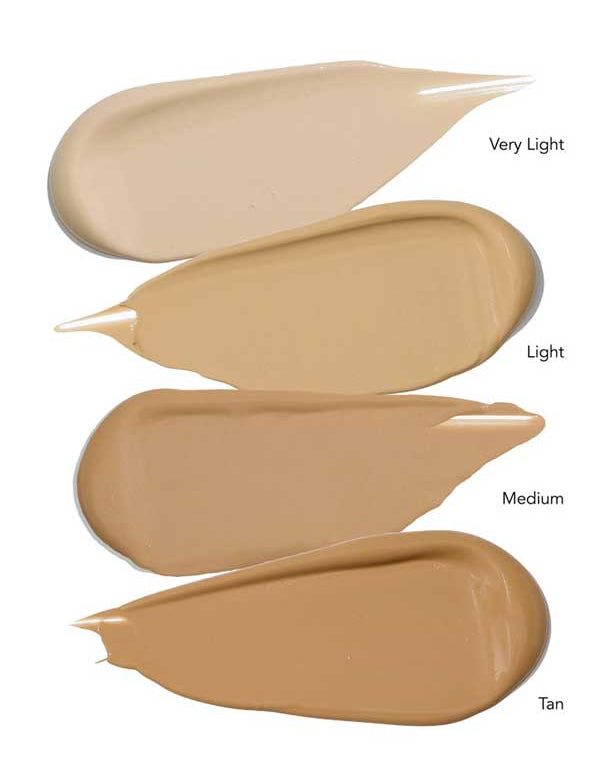 Four swatches of RAWW Vitamin C BB Cream 30ml in Very Light, Light, Medium, and Tan display a gradient from lightest to darkest—ideal for a luminous complexion with this hydrating beauty balm.