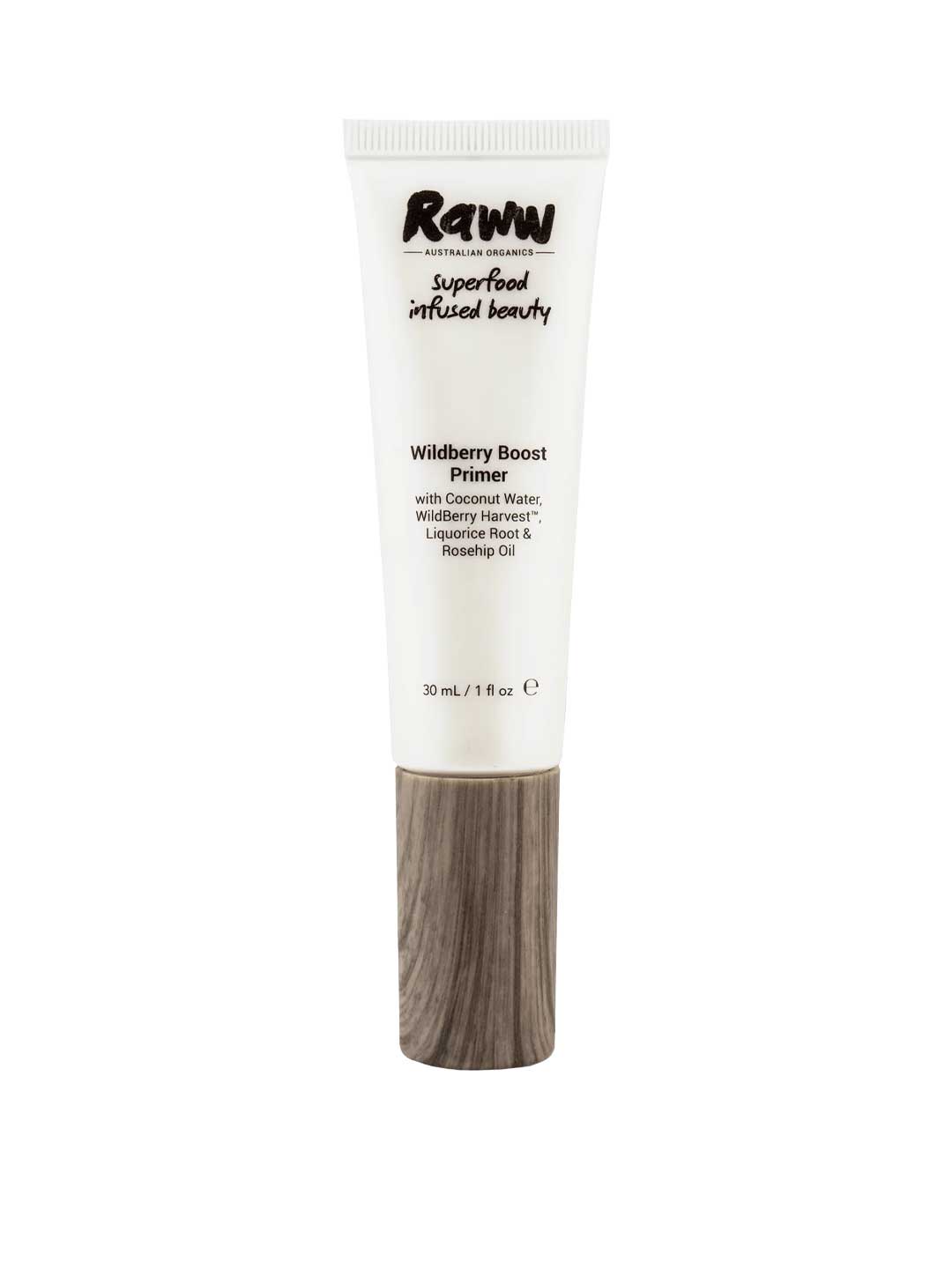 A 30ml tube of Raww Wildberry Boost Primer featuring a white label and wooden-patterned cap. This natural hydrating primer blends coconut water, wildberry harvest, acai, lilli pilli, and rosehip oil for a fresh, radiant base.