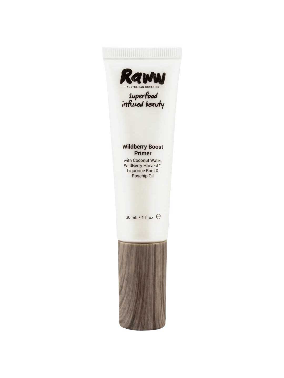 A 30ml tube of Raww Wildberry Boost Primer featuring a white label and wooden-patterned cap. This natural hydrating primer blends coconut water, wildberry harvest, acai, lilli pilli, and rosehip oil for a fresh, radiant base.