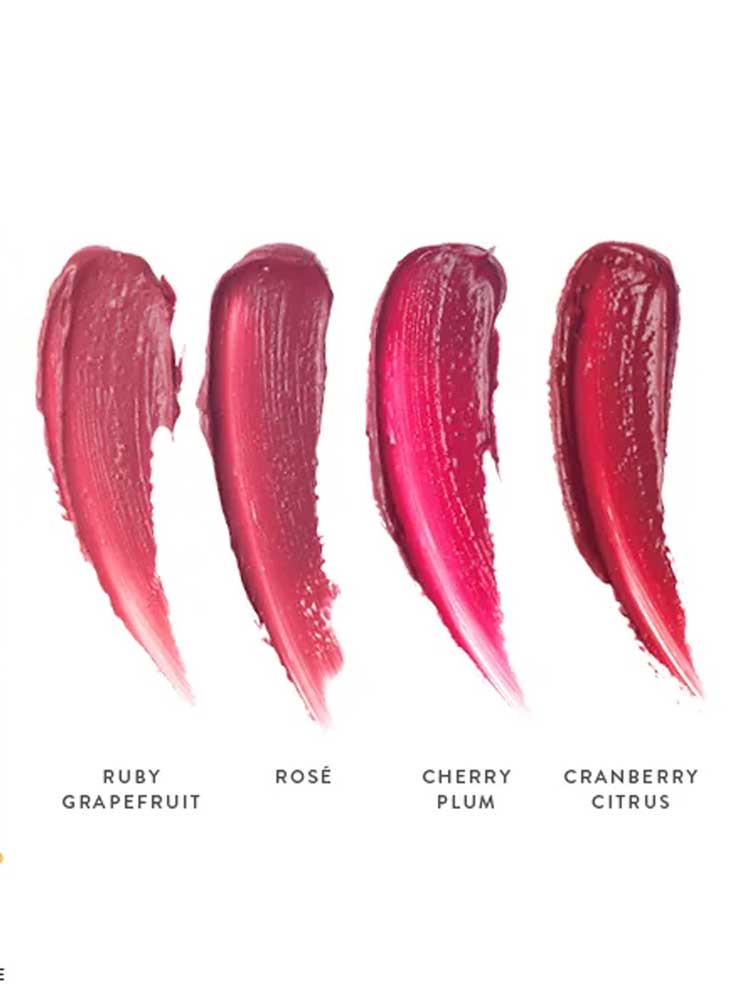 Four shades of Luk Beautifood Lip Nourish Lipsticks 3g are swatched on a white background, labeled left to right: Ruby Grapefruit, Rosé, Cherry Plum, and Cranberry Citrus.