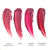 Four shades of Luk Beautifood Lip Nourish Lipsticks 3g are swatched on a white background, labeled left to right: Ruby Grapefruit, Rosé, Cherry Plum, and Cranberry Citrus.