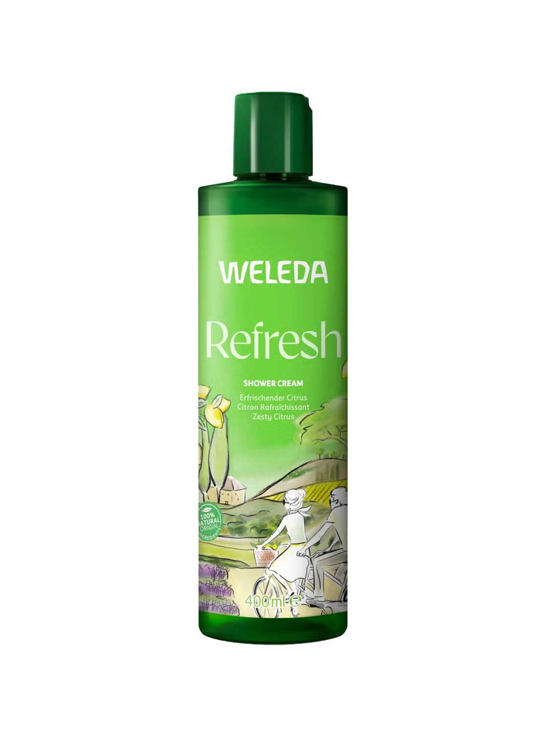 A green bottle of Weleda Refresh Citrus Body Wash, a natural wash with zesty citrus and lemon oil, features cyclist and countryside illustrations. Text highlights its refreshing scent and 400 ml capacity.
