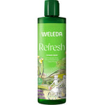 A green bottle of Weleda Refresh Citrus Body Wash, a natural wash with zesty citrus and lemon oil, features cyclist and countryside illustrations. Text highlights its refreshing scent and 400 ml capacity.