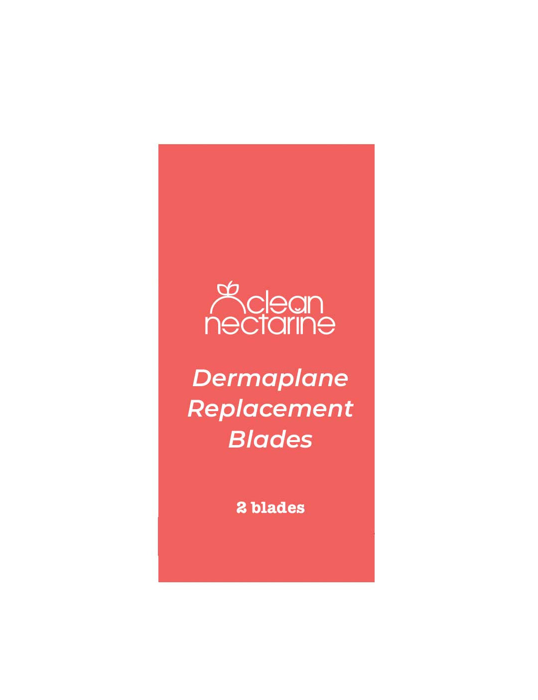 A red rectangular box displays the Clean Nectarine logo and reads "Clean Nectarine Replacement Blades For Reusable Metal Dermaplaner - 2pc" in crisp white font, highlighting these reusable dermaplane razor blades.