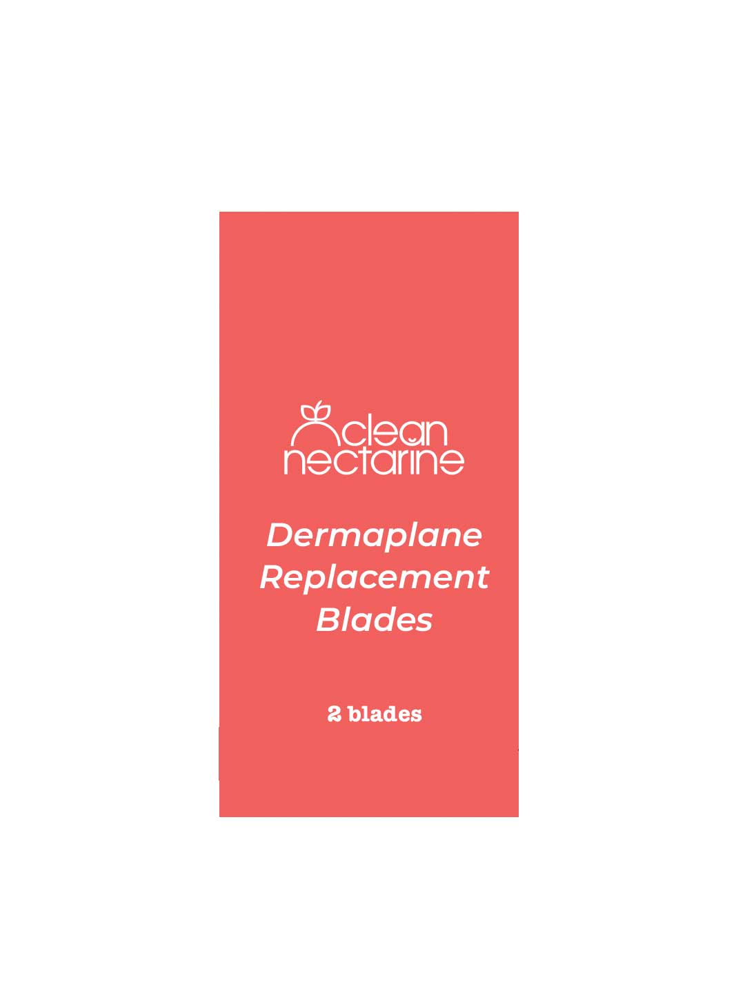 A red rectangular box displays the Clean Nectarine logo and reads "Clean Nectarine Replacement Blades For Reusable Metal Dermaplaner - 2pc" in crisp white font, highlighting these reusable dermaplane razor blades.