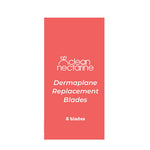 A red rectangular box displays the Clean Nectarine logo and reads "Clean Nectarine Replacement Blades For Reusable Metal Dermaplaner - 2pc" in crisp white font, highlighting these reusable dermaplane razor blades.