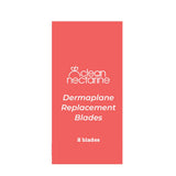 A red rectangular box displays the Clean Nectarine logo and reads "Clean Nectarine Replacement Blades For Reusable Metal Dermaplaner - 2pc" in crisp white font, highlighting these reusable dermaplane razor blades.